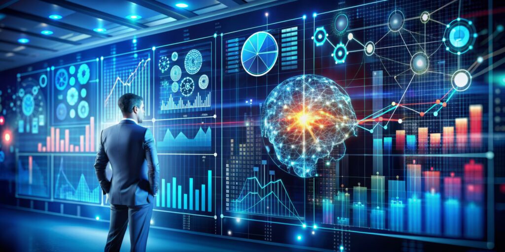 Business intelligence, data analytics and visualization concept. Machine learning, artificial intelligence (AI) and statistical model for predictive analytics and making effective business