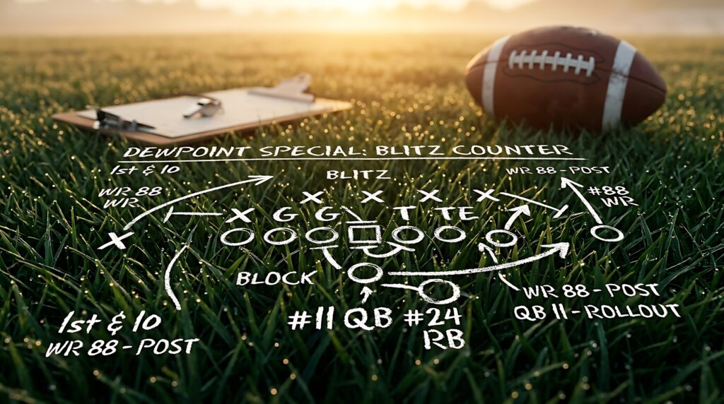 tactics American football play strategy diagram on a grass field at sunset 
